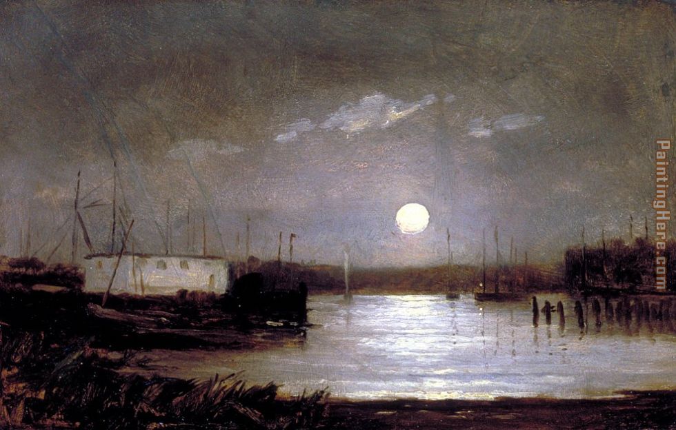 moon over a harbor, wharf scene with full moon and masts of boats painting - Edward Mitchell Bannister moon over a harbor, wharf scene with full moon and masts of boats art painting